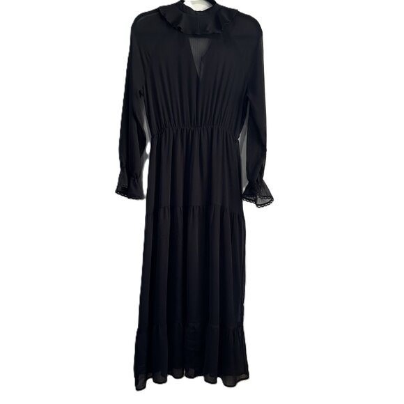 Zara | Chiffon Tiered, Ruffle collar V-neck Maxi Dress Black | SZ Small Women's - Picture 4 of 15